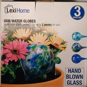 NWT 3 Beautiful LexiHome Watering Globes Hand Blown Glass Water Blue Aqua Green